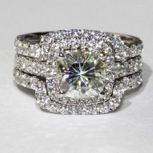 Clusterringen Luxe 10K White Gold 3ct Lab Diamond Ring Sets 3-in-1 Engagement Wedding Band For Women Men Verklaring Party sieraden Gift