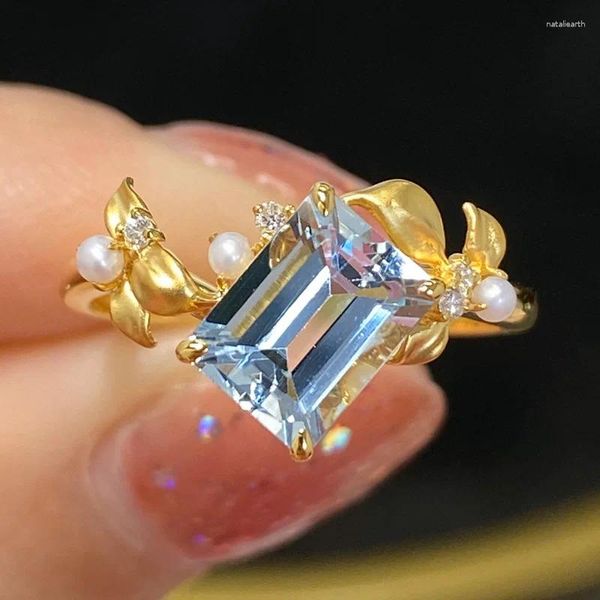 Bagues de cluster Luxe 14K Couleur Or Carré Bleu Saphir Cristal Dames Vintage Perle Fleur Mariage Queue De Mariée 2023