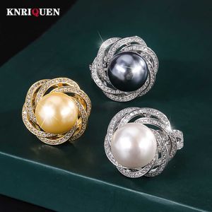 Clusterringen Luxe 14 mm Wit Zwart Big Pearl verstelbare bloemringen voor vrouwen Lab Diamant Cocktail Party Fine Jewelry Statement Groothandel G230228