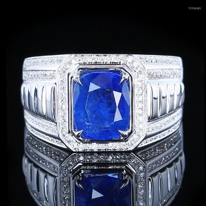 Bagues de cluster Luxe 18K Or jaune Bague pour hommes 1.89ct Naturel Royal Blue Sapphire Engagement Fine Bijoux Hommes Bijoux de pierres précieuses personnalisées