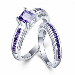 Cluster Ringen Luxe 925 Zilveren Sieraden Ring Set Met Amethist Zirkoon Edelstenen Vinger Accessoires Voor Vrouwen Wedding Promise Party gift