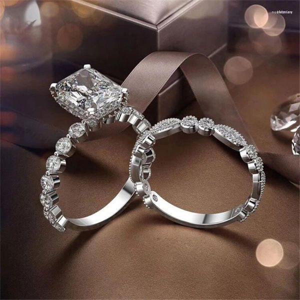 Anillos de racimo de lujo de plata de ley 925 para mujer, conjunto de anillo de compromiso con corte de cojín, joyería nupcial de boda de diamante simulado