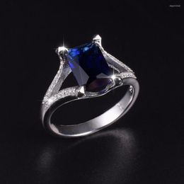 Clusterringen Luxe 925 Streling zilver 10ct vierkante blauwe saffierbetrokkenheid trouwring voor mannen Wome Jewelry Boys SZ 8 9 10 11 12 13