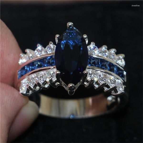 Bagues de grappe de luxe bleu Marquise coupe 3 bague de mariage en diamant simulé pour les femmes ont S925 Logo réel 925 doigt en argent