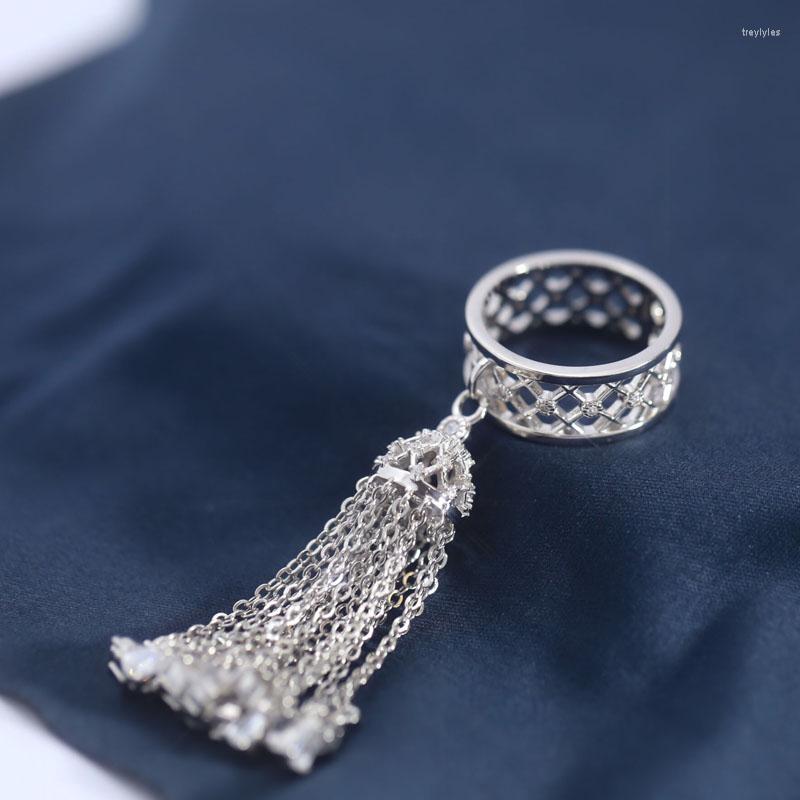Anéis de cluster luxo designer puro 925 prata esterlina preto malha borla anel de dedo com pedras de cristal vermelho mulheres marca jóias