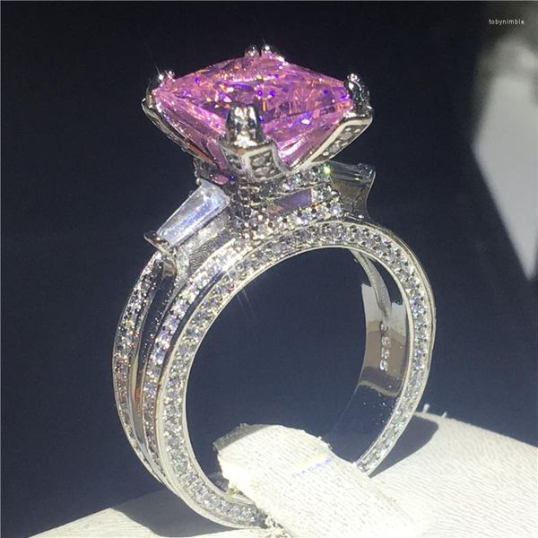 Anillos de racimo Torre Eiffel de lujo 6ct Lab Pink Diamond Ring 925 Sterling Silver Compromiso Wedding Band para Mujeres Hombres Party Jewelry Gift