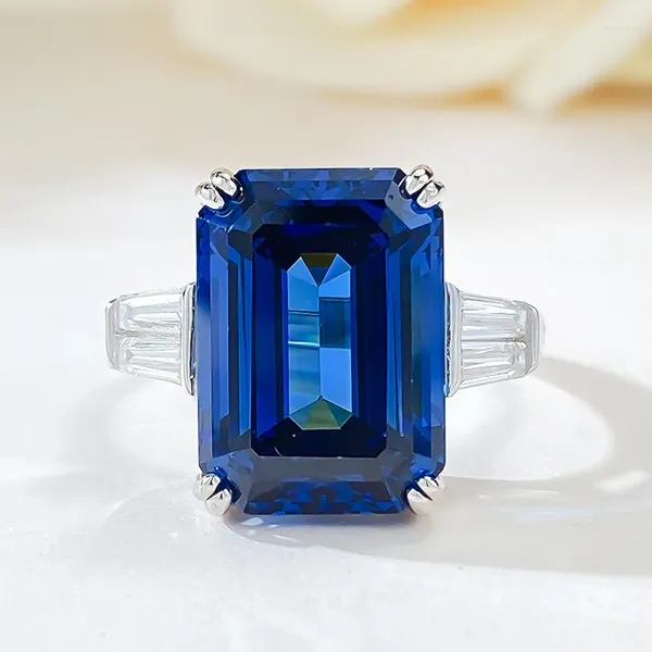 Anillos de racimo de lujo esmeralda corte zafiro diamante anillo real 925 plata esterlina compromiso banda de boda para mujeres joyería de promesa