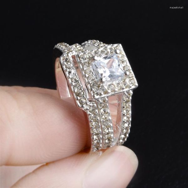 Anillos de racimo Conjunto de anillos de compromiso de lujo Cubic Zirconia Boda para mujeres Charms Joyería Plata Anillos Anel Casamento Bague Mariage
