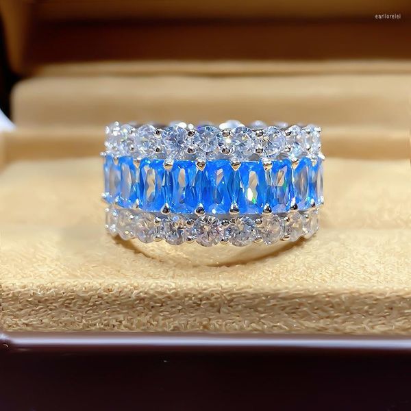 Cluster anneaux luxueux éternel éternel brillant simulé simulé de couleur aquamarine sterling sterling argent féminin anneau de mariage exquis engagement