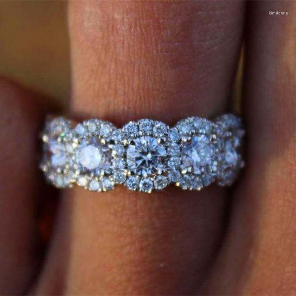 Anillos de racimo de lujo para mujer, anillo de compromiso redondo de cristal grande, bonito anillo de compromiso de plata 925 con piedra de circón, boda Vintage para mujer
