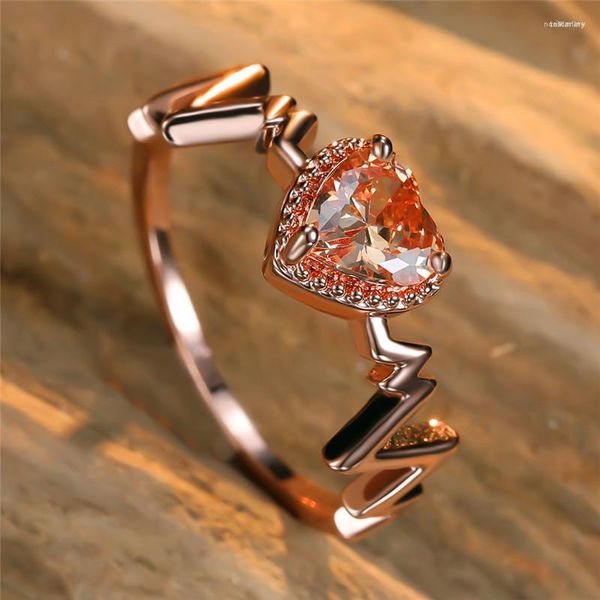 Anillos de racimo de lujo para mujer, anillo de piedra de cristal de champán, bonito circón, Color oro rosa, boda para mujer, abalorio de compromiso con latido del corazón