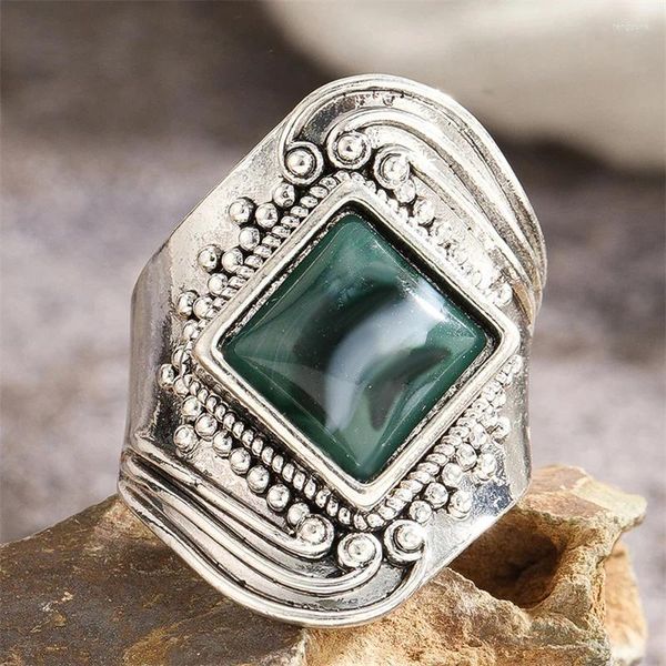 Anillos de racimo de lujo femenino cuadrado verde oliva anillo encanto color plata boda para las mujeres de moda joyería de compromiso de piedra turquesa