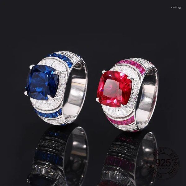 Anillos de racimo Joyas de piedras preciosas de lujo 925 Sterling Plate Red Ruby Blue Sapphire Cubic Circon Anillo