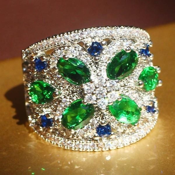 Anillos de racimo de lujo flor verde circón anillo de cristal para damas boda fiesta de compromiso joyería de cobre regalo mujeres