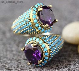 Bounons de cluster Luxury Gemystones Natural Gemles Amethyst and Turquoise Rings Femme Party Anniversary Boutique Jewelry240408