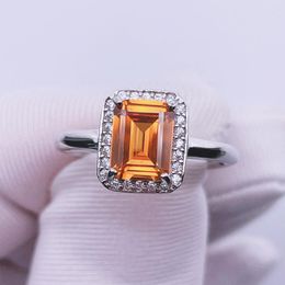 Clusterringen Luxe oranje gele saffierring Emerald gesneden lab gekweekte sieraden voor dames S925 Zilver 18k wit goud verguld