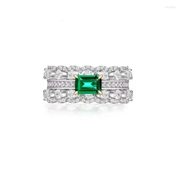 Anillos de racimo de lujo S925 plata verde alto carbono diamante mujeres anillo Ins joyería doble filas diseño completo Esmeralda regalo de boda