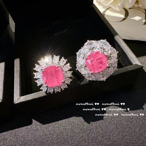 Bagues de cluster Luxe S925 Argent Rose Coussin Haute Carbone Tourmaline Pour Femmes Micro Pave Diamant Crystak Dainty Engagement Cadeau Bijoux