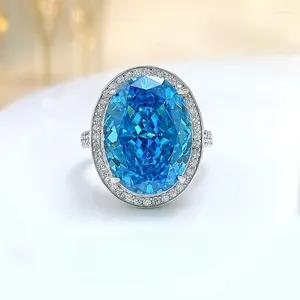 Clusterringen Luxe zeeblauwe schatring 925 zilveren Zwitserse diamanten ei-verlovingssieraden met hoog koolstofgehalte
