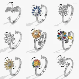 Anillos de racimo de lujo Spinning Sun Dragonfly Flower Charms Ansiedad para mujeres Niñas Ajustable Spinner Fidget Anillo Boda Joyería Anel