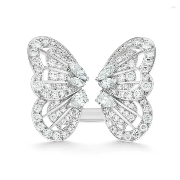 Bagues de cluster Luxe Trendy Argent Plaqué Papillon Ouvert Pour Femmes Shine Blanc CZ Pierre Plein Pavé Bijoux De Mode Cocktail Cadeau De Fête