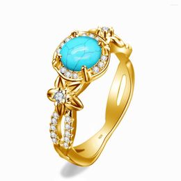 Cluster Ringen Luxe Turquoise Ring Zilver 925 Voor Vrouw Vergulde Bloem Verjaardag Party Gift Antioxidant Kwaliteit Fijne Sieraden