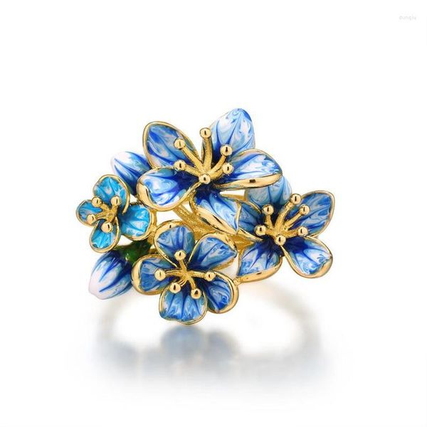 Cluster Anneaux De Luxe Vintage Bleu Émail Fleur D'or Pour Les Femmes De Mode Bijoux Quotidien Porter Cocktail Cadeau Anneau En Gros