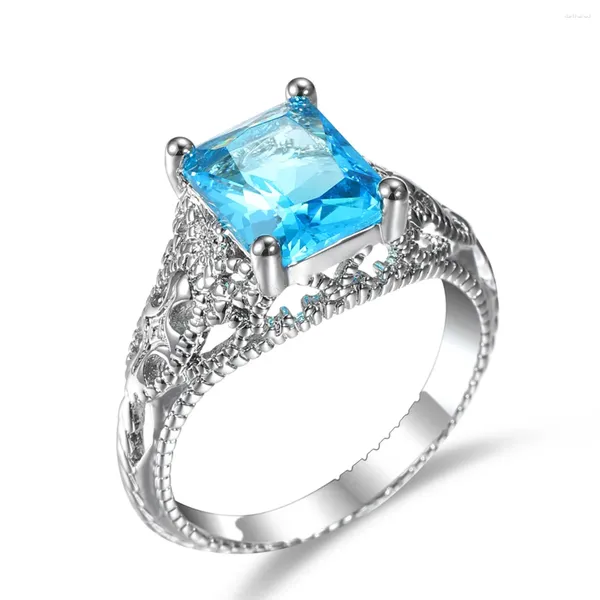 Cluster anneaux luxueux blanc plaqué bleu sapphire carré gemmestone géométrique cubique zircone féminin fiançailles bague en gros taille 6-10