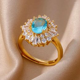 Clusterringen Luxe Zirkoon Blauwe Oceaan Voor Vrouwen Roestvrij Staal Verstelbare Ring 2024 Trend Elegante Partij Esthetische Sieraden Anillos