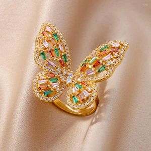 Anelli a grappolo Farfalla con zirconi di lusso per donna Anello in pietra di cristallo arcobaleno in acciaio inossidabile 2023 Trend Wedding Jewerly
