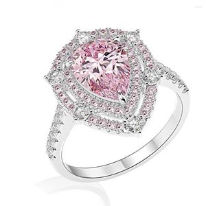 Cluster ringen Madalena Sarara Sterling Silver 925 Vrouwen Ring Drop Shape Cubic Zirconia Kalve Design Pink Stone