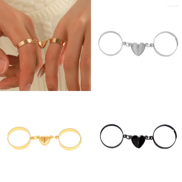 Anillos de racimo Pareja magnética Corazón para mujeres BFF Geometría de moda Anillo de apertura ajustable con accesorios de joyería de fiesta Maganet Regalo