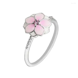 Cluster anneaux Magnolia fleurir pour les femmes 925 Bijoux en argent sterling couleurs roses en émail fleur de fleurs printemps