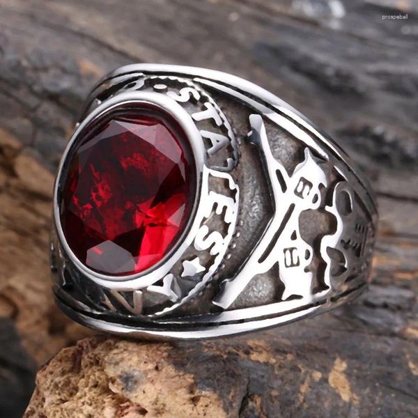 Anillos de racimo masculino joyería vintage acero inoxidable doble patrón de pistola hombres anillo incrustación rojo circón boda aniversario cumpleaños JZ0010