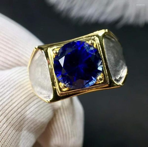 Bagues de Grappe Bague Homme Saphir Bleu Argent Sterling 925 Fine Bijoux Travail à la Main Doigt