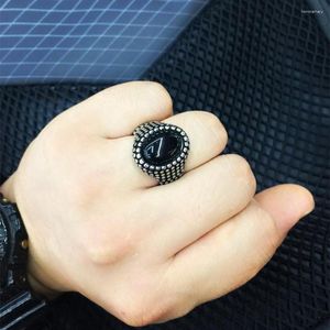 Bagues de cluster Mangosky Mode Acier inoxydable Punk Rivet Homme Biker Ovale Obsidienne Bague Taille US