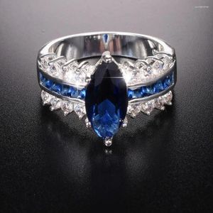 Cluster Ringen Marquise Cut 3 Blauwe Saffier Trouwring Voor Vrouwen Mannen Luxe Echt 925 Sterling Zilveren Sieraden Gift