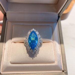 Anillos de racimo Marquesa Mar Azul Color Diamante 925 Plata esterlina Aguamarina Anillo de eternidad Alianza de boda Joyería de compromiso Regalo para ella