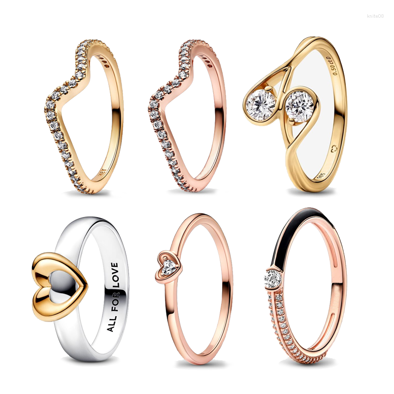 Bagues de cluster Me Pave Black Sparkling Wave Radiant Heart Ring pour femmes fille deux tons coulissant or rose bijoux fins cadeau de Saint Valentin