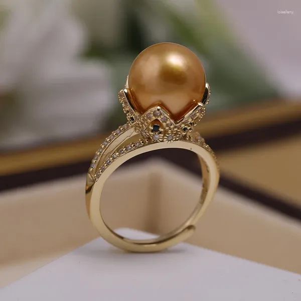 Cluster anneaux meibapj 11-12 mm Big Natural Golden Round Pearls Crown Fashion Ring 925 Bijoux de mariage fin en argent sterling pour les femmes