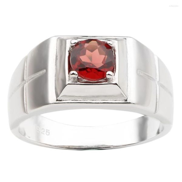 Anillos de racimo para hombre, anillo de plata 925, 6mm, piedra preciosa granate roja Natural, cruz tallada en banda, piedra natal de enero, regalo de cumpleaños R508RGN