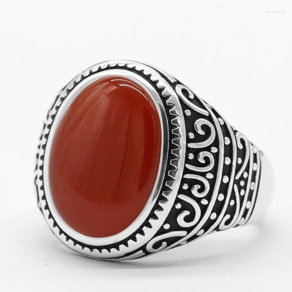 Bague pour homme avec pierre d'agate rouge véritable 925 en argent sterling ovale pierre précieuse mâle exquis sculpture antique cadeau de bijoux