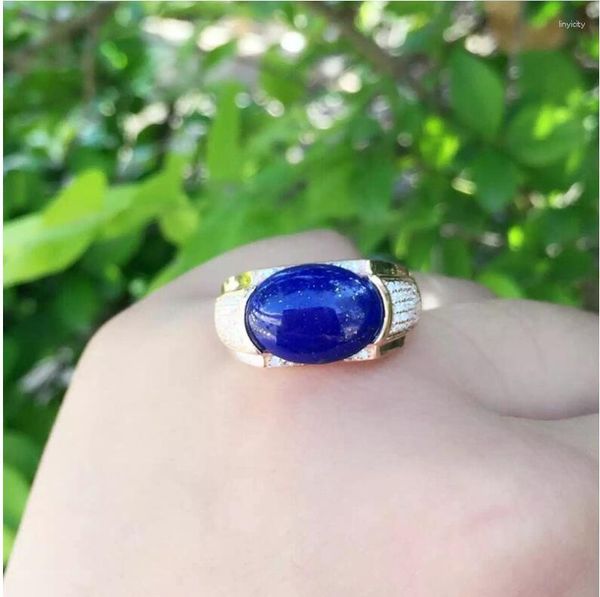 Anillos de racimo hombres azul lapis hombre anillo natural real 925 plata esterlina para o mujeres gema 10 14 mm