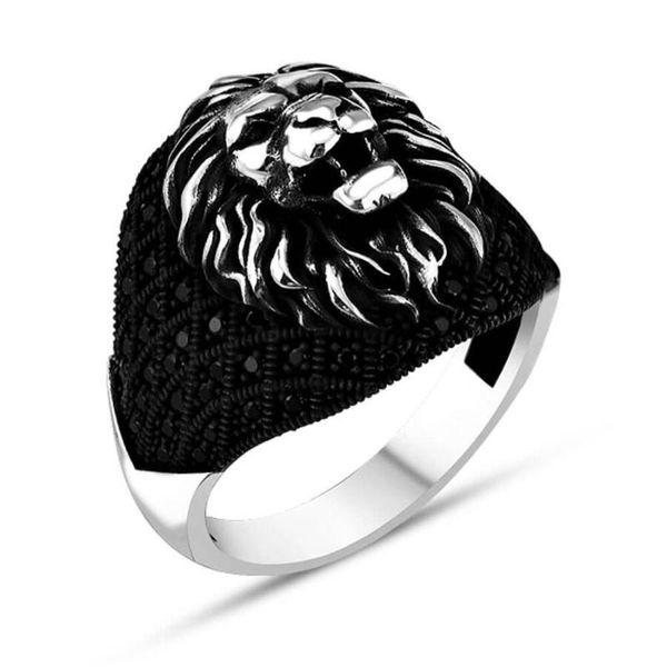 Bagues de cluster Hommes Bague en argent faite à la main avec motif animal Leon et mini pierre de zircon noir fabriquée en Turquie solide 925 sterling