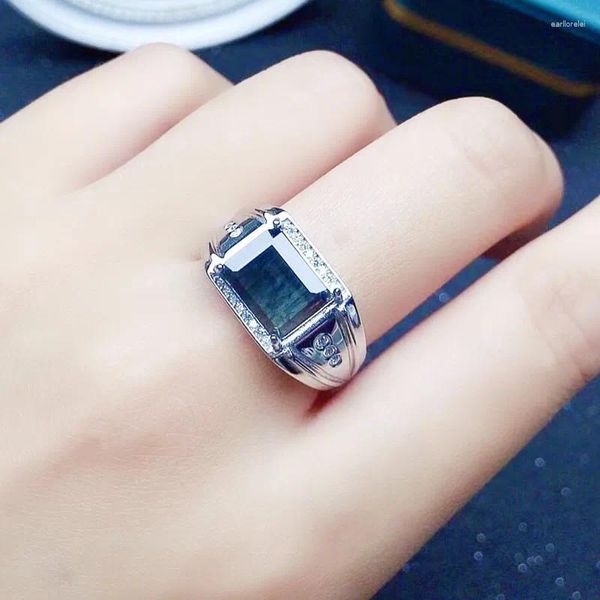 Cluster Anneaux Menons Ring Natural Real Black Sapphire Rectangle 925 STERLING SILPS 8 10 mm 3CT GEME PER BIJOUR FINE X22157