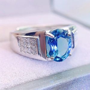 Cluster Ringen Mannen Ring Natuurlijke Echte Blauwe Topaas Luxe Ovale Stijl 925 Sterling Zilver 7 9mm 2.5ct Edelsteen Fijne Sieraden L231086