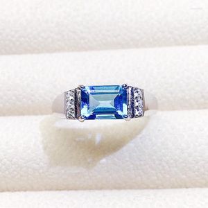 Clusterringen Mannen Ring Natural Real Blue Topaz Rechthoek 925 Sterling Silver 1.3ct edelsteen per sieraden Fijn X22112