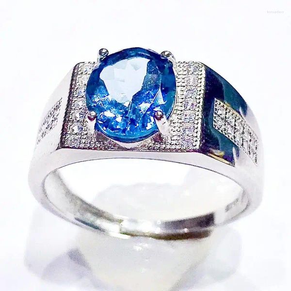 Anillos de racimo Anillo de hombres Natural Real Blue Topaz Estilo ovalado 925 Plata esterlina 8 10 mm 3.5CT Joyería fina de piedras preciosas X239260