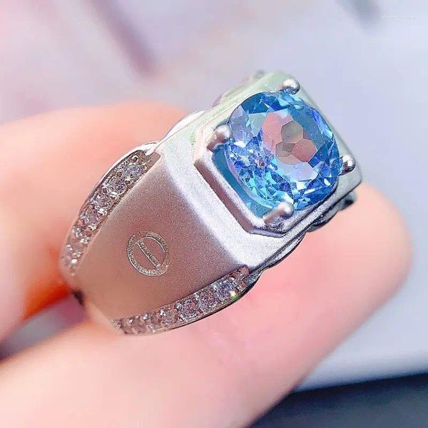 Bagues de cluster Hommes Bague Naturel Real Blue Topaz Style rond 925 Sterling Silver 8 8mm 2.5ct Gemstone Fine Bijoux L231088