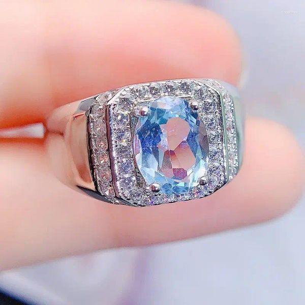 Bagues de cluster Hommes Bague Naturel Real Blue Topaz Oval Style 925 Sterling Argent 7 9mm 2.5ct Gemstone Fine Bijoux L231084